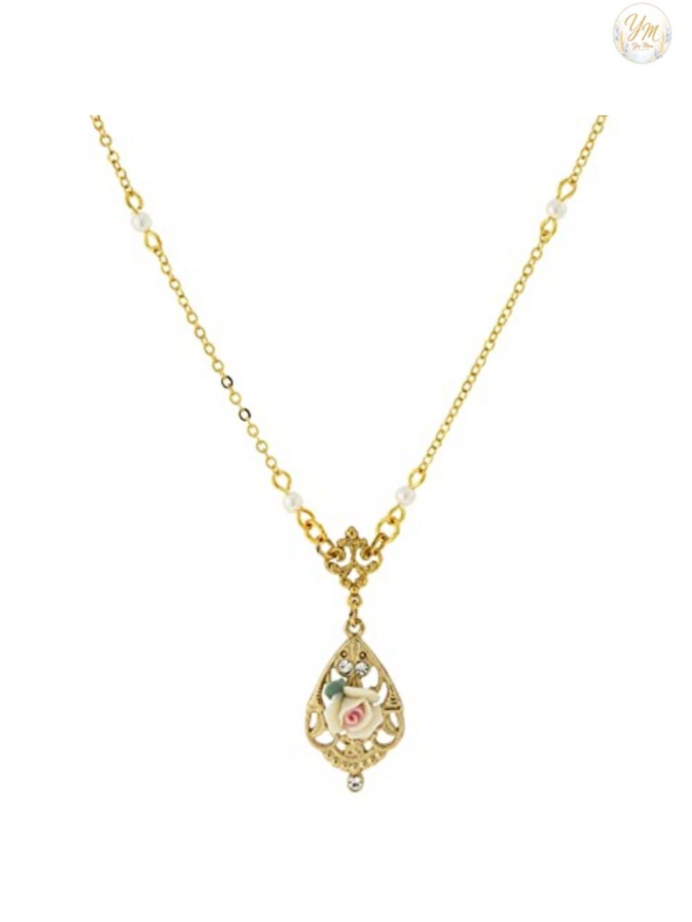 Porcelain Rose Pendant Necklace with Faux Pearl Accent 14K Gold-Dipped Cable